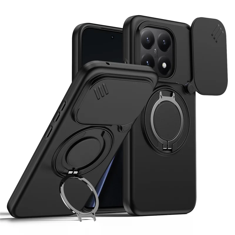 For Xiaomi 15T Magnetic Case Ring Kickstand Slide Camera Cover TPU PC Hybrid Phone Shell - Black