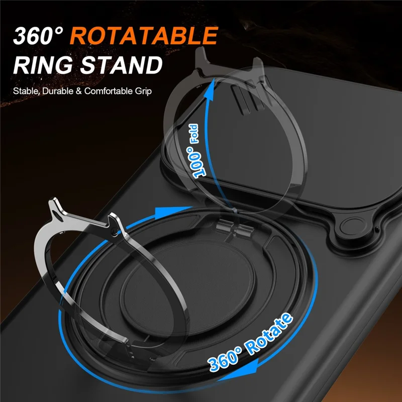 For Xiaomi 15T Magnetic Case Ring Kickstand Slide Camera Cover TPU PC Hybrid Phone Shell - Black