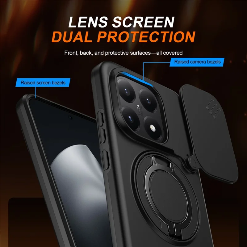 For Xiaomi 15T Magnetic Case Ring Kickstand Slide Camera Cover TPU PC Hybrid Phone Shell - Black