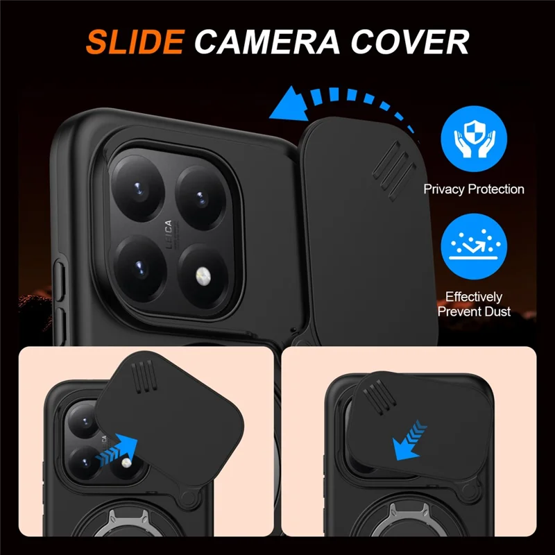 For Xiaomi 15T Magnetic Case Ring Kickstand Slide Camera Cover TPU PC Hybrid Phone Shell - Black