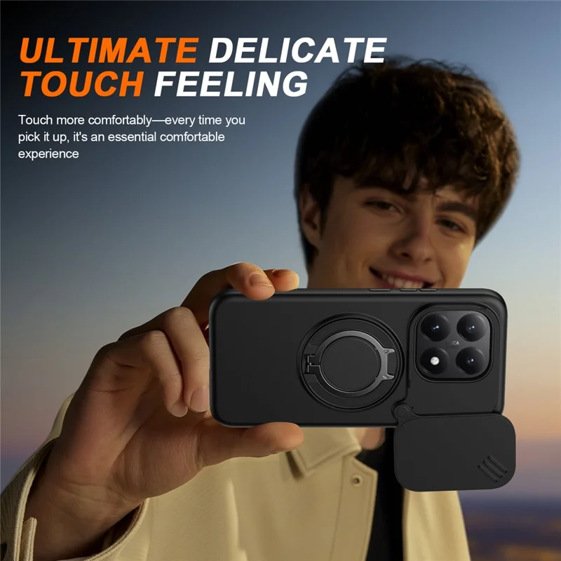 For Xiaomi 15T Magnetic Case Ring Kickstand Slide Camera Cover TPU PC Hybrid Phone Shell - Black