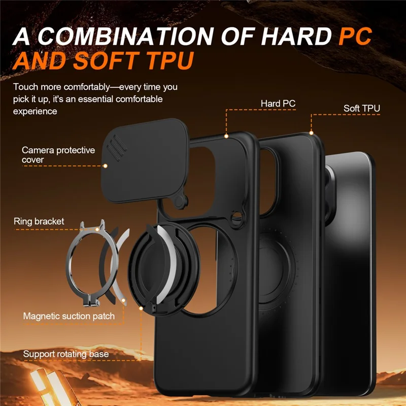 For Xiaomi 15T Magnetic Case Ring Kickstand Slide Camera Cover TPU PC Hybrid Phone Shell - Black