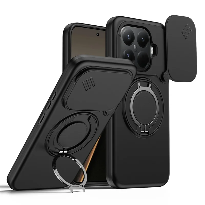 For Xiaomi 15T Pro Magnetic Case Ring Kickstand Slide Camera Cover TPU PC Hybrid Phone Shell - Black