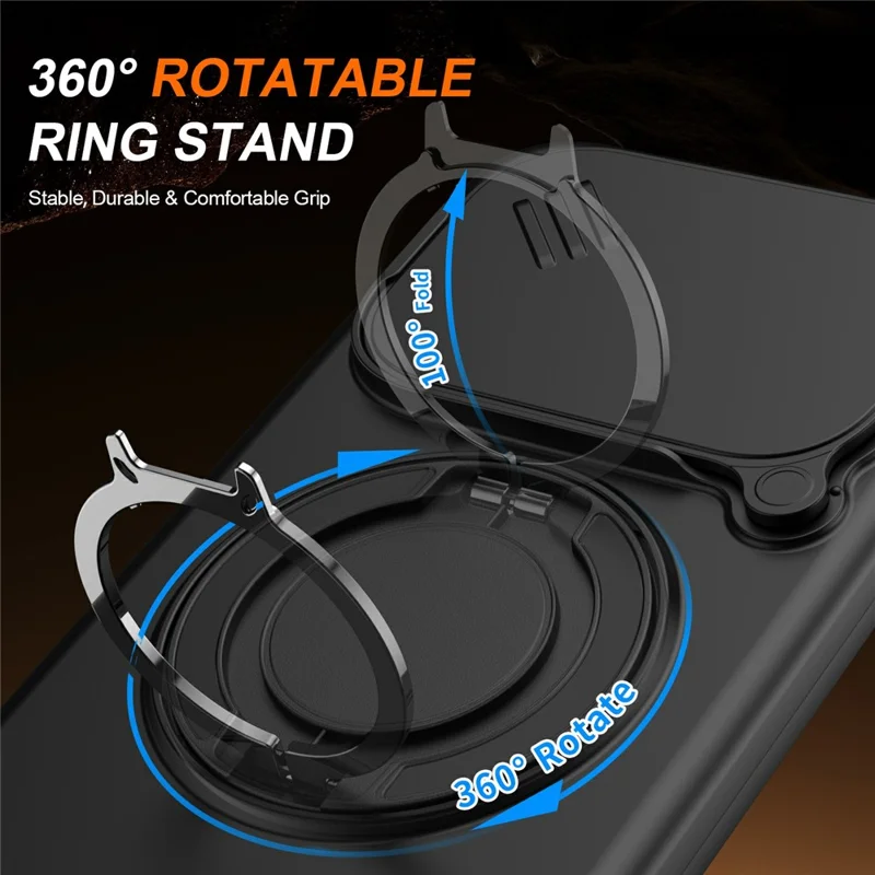 For Xiaomi 15T Pro Magnetic Case Ring Kickstand Slide Camera Cover TPU PC Hybrid Phone Shell - Black