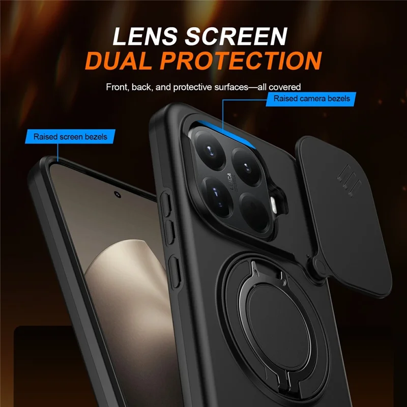 For Xiaomi 15T Pro Magnetic Case Ring Kickstand Slide Camera Cover TPU PC Hybrid Phone Shell - Black