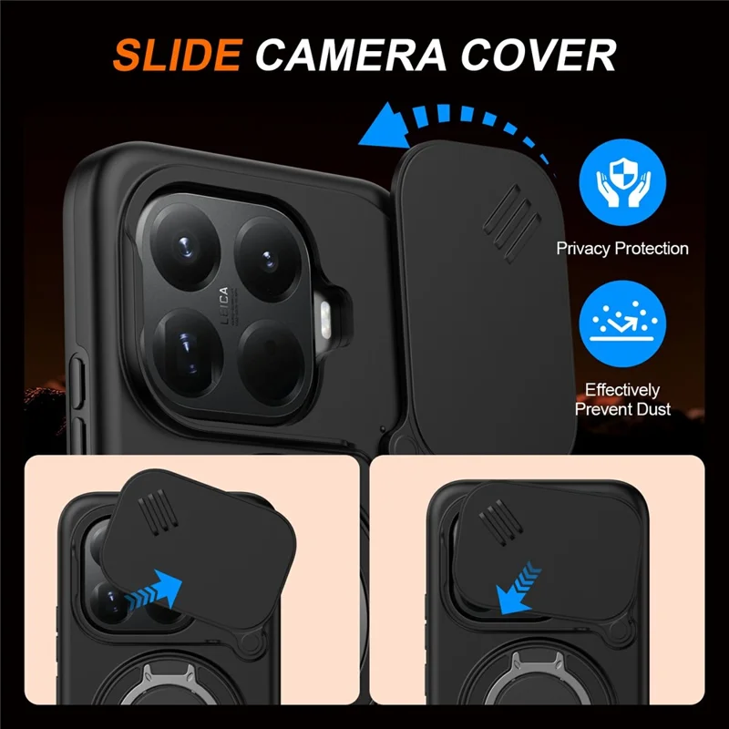 For Xiaomi 15T Pro Magnetic Case Ring Kickstand Slide Camera Cover TPU PC Hybrid Phone Shell - Black