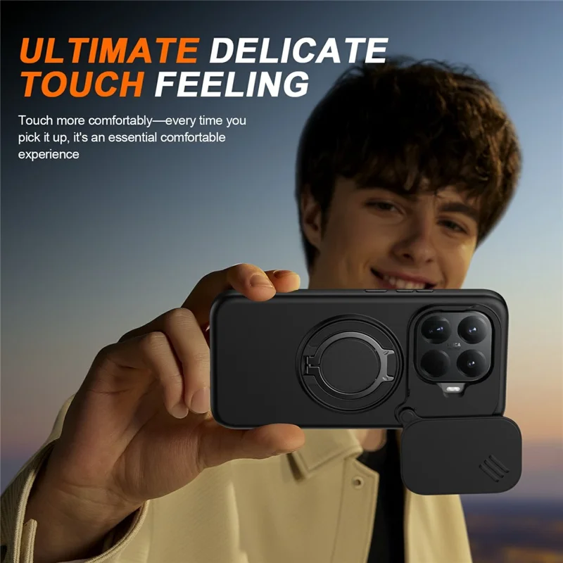 For Xiaomi 15T Pro Magnetic Case Ring Kickstand Slide Camera Cover TPU PC Hybrid Phone Shell - Black