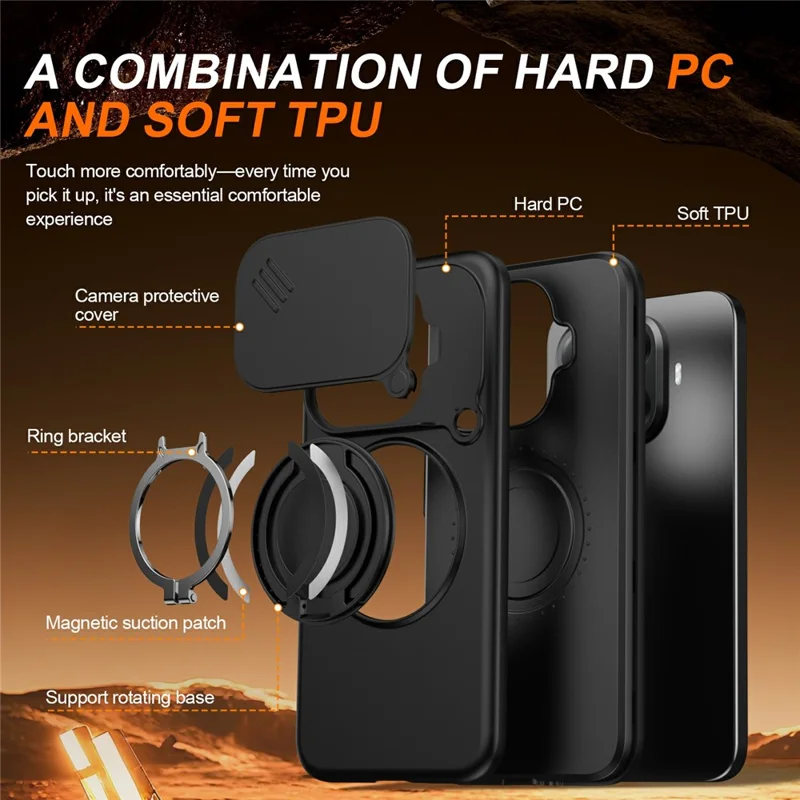 For Xiaomi 15T Pro Magnetic Case Ring Kickstand Slide Camera Cover TPU PC Hybrid Phone Shell - Black