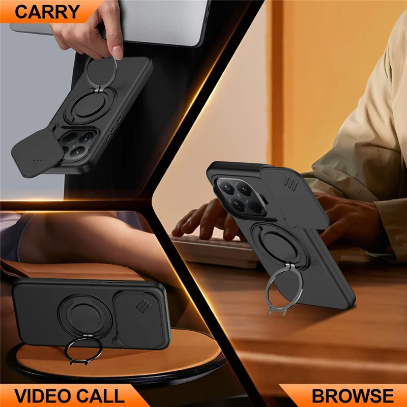 For Xiaomi 15T Pro Magnetic Case Ring Kickstand Slide Camera Cover TPU PC Hybrid Phone Shell - Black