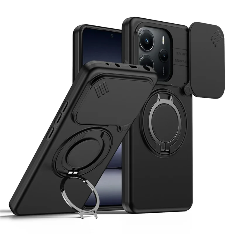 For Xiaomi Redmi Note 14 5G / Note 14 4G (163.25mm) Magnetic Case Ring Kickstand Slide Camera Cover TPU PC Hybrid Phone Shell - Black