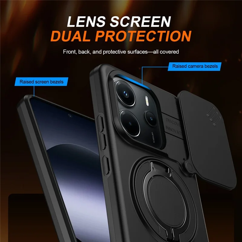 For Xiaomi Redmi Note 14 5G / Note 14 4G (163.25mm) Magnetic Case Ring Kickstand Slide Camera Cover TPU PC Hybrid Phone Shell - Black