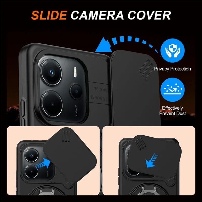 For Xiaomi Redmi Note 14 5G / Note 14 4G (163.25mm) Magnetic Case Ring Kickstand Slide Camera Cover TPU PC Hybrid Phone Shell - Black