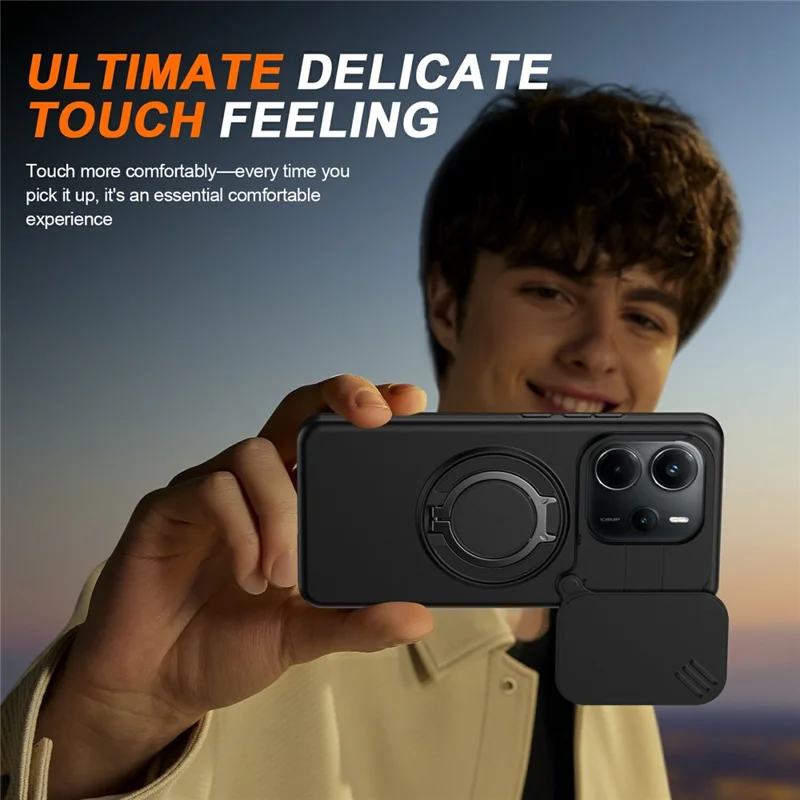 For Xiaomi Redmi Note 14 5G / Note 14 4G (163.25mm) Magnetic Case Ring Kickstand Slide Camera Cover TPU PC Hybrid Phone Shell - Black