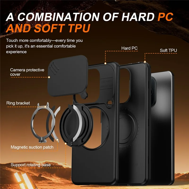 For Xiaomi Redmi Note 14 5G / Note 14 4G (163.25mm) Magnetic Case Ring Kickstand Slide Camera Cover TPU PC Hybrid Phone Shell - Black