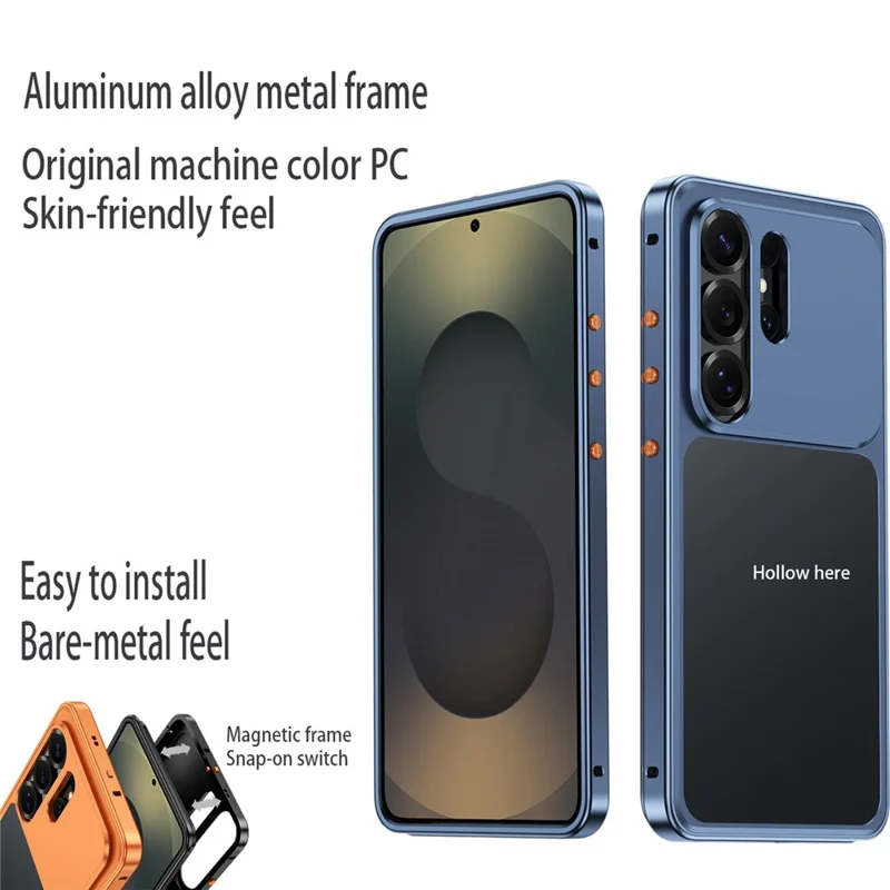 For Samsung Galaxy S23 Ultra Metal Frame Case Magnetic Snap On Frame PC Hollow Back Heat Dissipation Shockproof Cover - Titanium Blue
