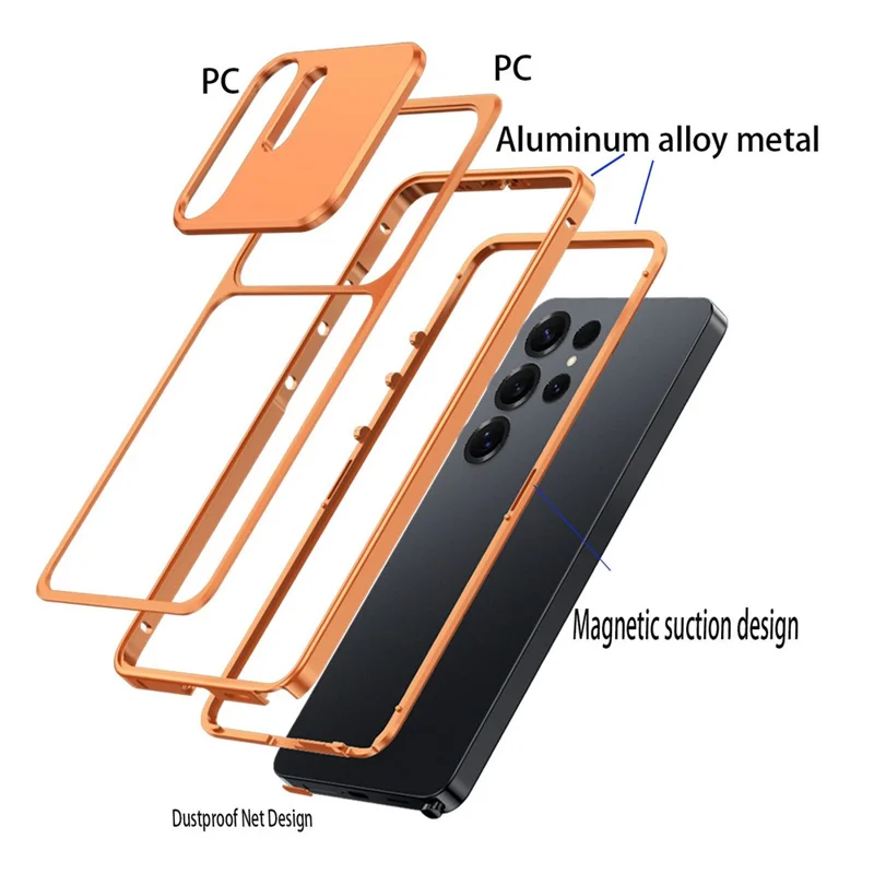 For Samsung Galaxy S23 Ultra Metal Frame Case Magnetic Snap On Frame PC Hollow Back Heat Dissipation Shockproof Cover - Titanium Blue