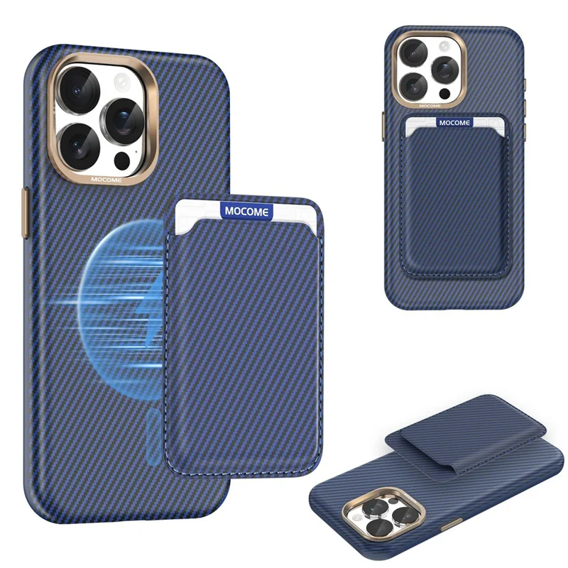For iPhone 15 Pro Max Magnetic Case Carbon Fiber Texture Leather Back Phone Cover with Detachable Card Holder - Sapphire
