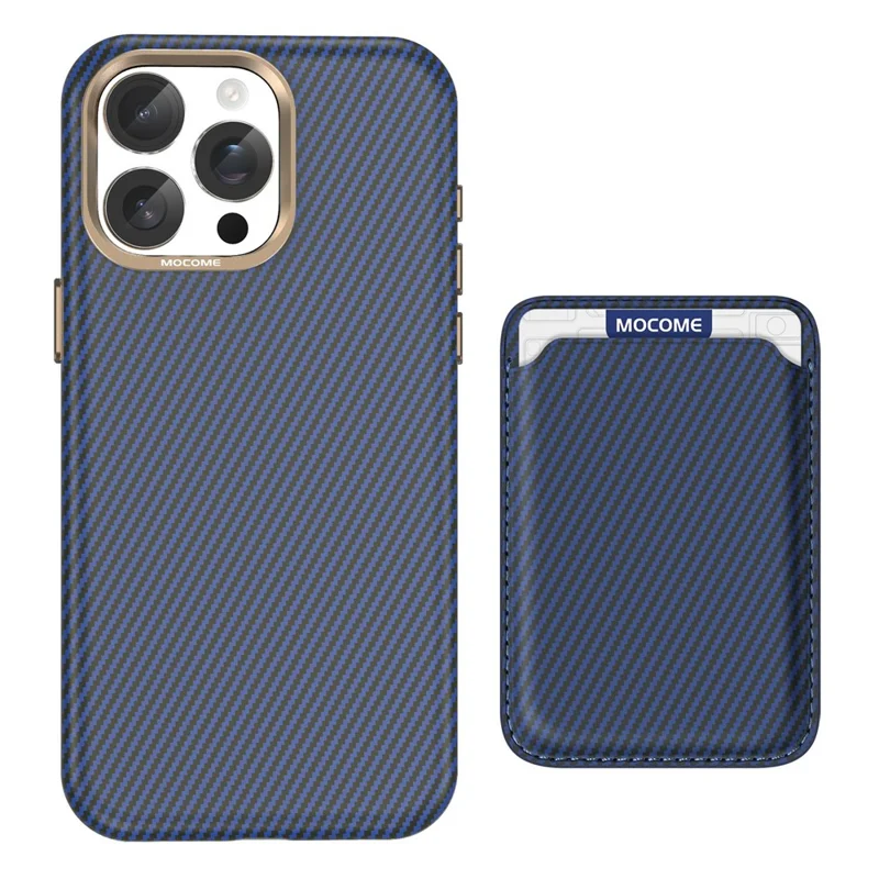 For iPhone 15 Pro Max Magnetic Case Carbon Fiber Texture Leather Back Phone Cover with Detachable Card Holder - Sapphire