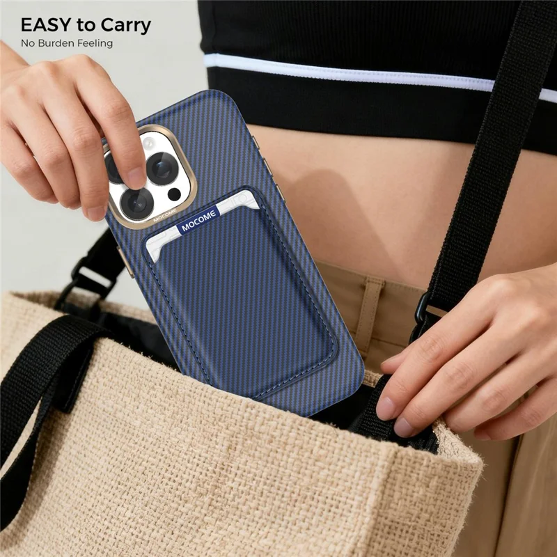 For iPhone 15 Pro Max Magnetic Case Carbon Fiber Texture Leather Back Phone Cover with Detachable Card Holder - Sapphire