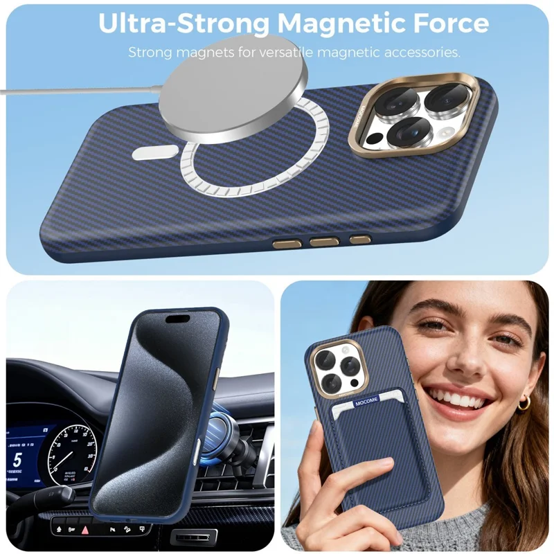 For iPhone 15 Pro Max Magnetic Case Carbon Fiber Texture Leather Back Phone Cover with Detachable Card Holder - Sapphire
