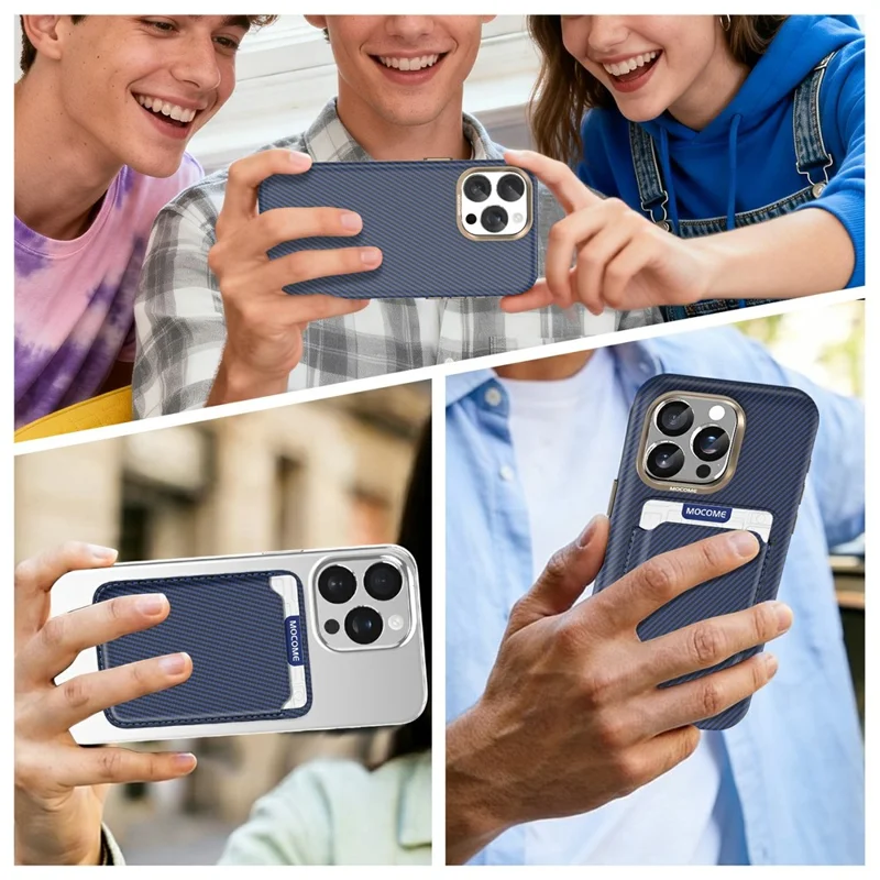 For iPhone 15 Pro Max Magnetic Case Carbon Fiber Texture Leather Back Phone Cover with Detachable Card Holder - Sapphire