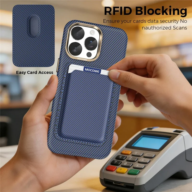 For iPhone 15 Pro Max Magnetic Case Carbon Fiber Texture Leather Back Phone Cover with Detachable Card Holder - Sapphire