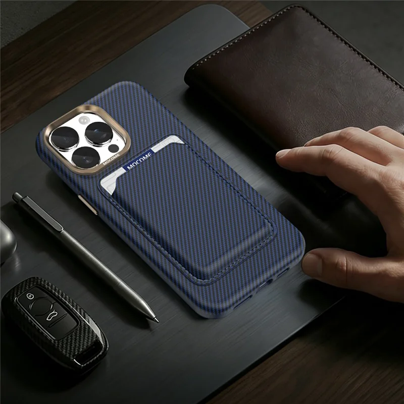 For iPhone 15 Pro Max Magnetic Case Carbon Fiber Texture Leather Back Phone Cover with Detachable Card Holder - Sapphire