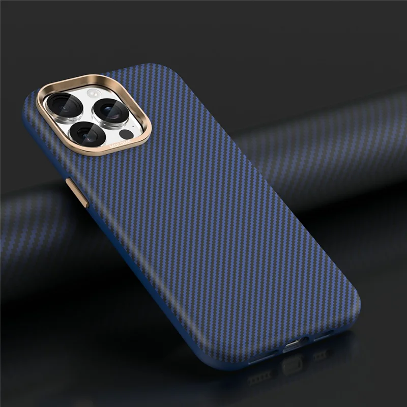 Etui na iPhone 15 Pro Max Kompatybilne z MagSafe, z teksturą węglową, odpornym na wstrząsy, skórzane TPU PC, ochronne - szafirowe