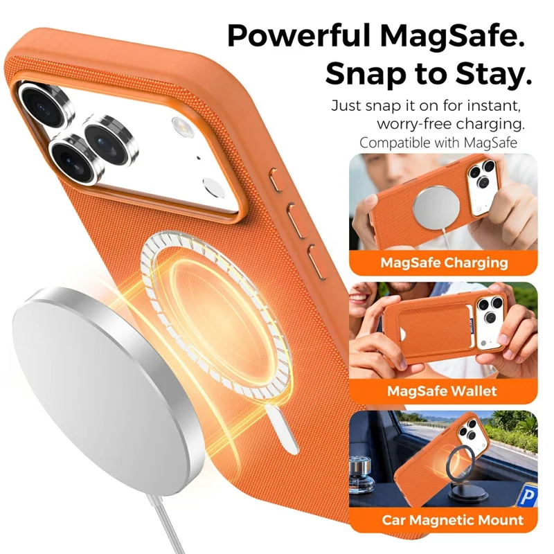 For iPhone 17 Pro Max Magnetic Case Compatible with MagSafe Tech Fabric TPU Shockproof Cover - Orange