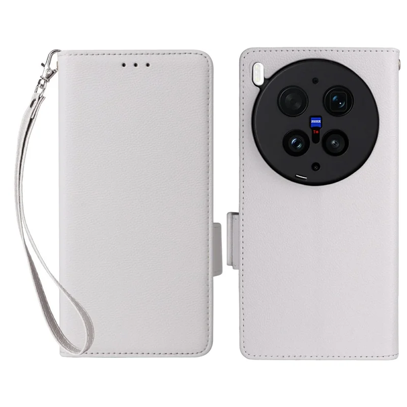 For vivo X300 Ultra 5G Case Litchi Texture Wallet Leather Phone Cover with Wrist Strap - White