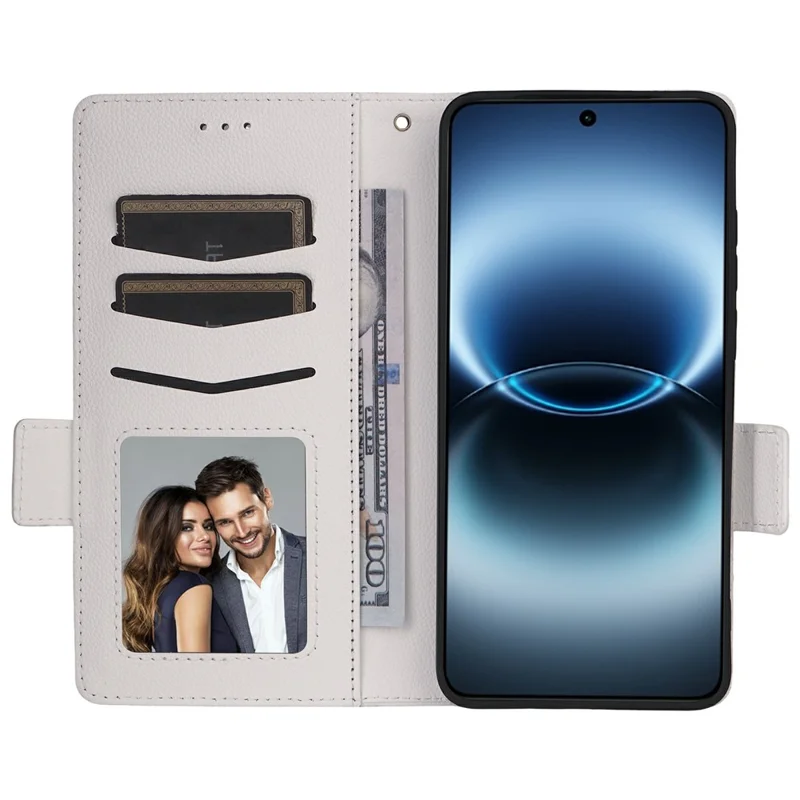 For vivo X300 Ultra 5G Case Litchi Texture Wallet Leather Phone Cover with Wrist Strap - White