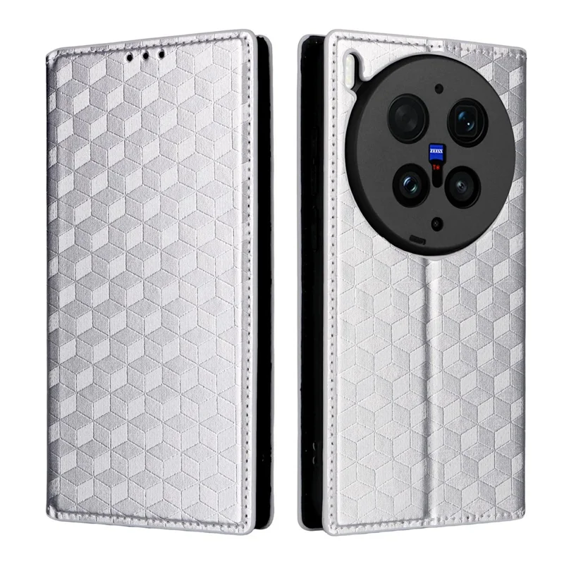 For vivo X300 Ultra 5G Case Wallet Rhombus Imprinted PU Leather Phone Cover - Silver