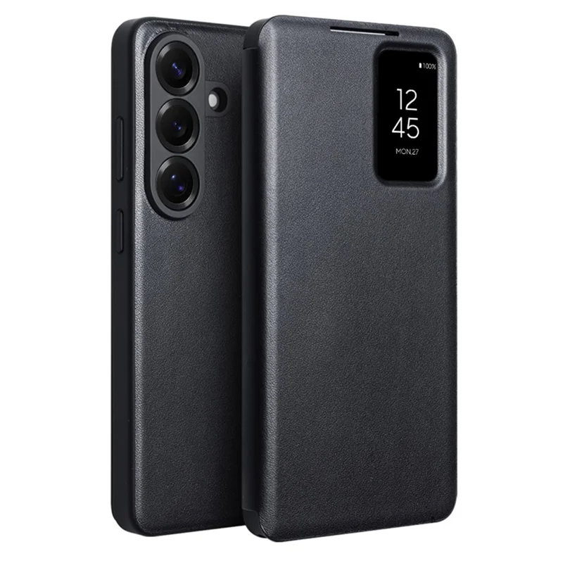 QIALINO For Samsung Galaxy S26+ Case View Window Genuine Cow Leather Flip Phone Cover (APP Version) - Black