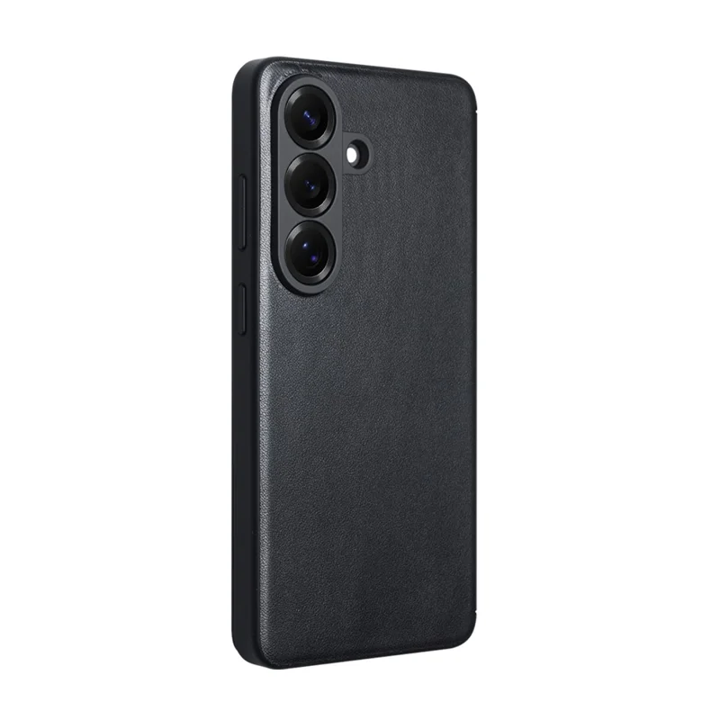 QIALINO For Samsung Galaxy S26+ Case View Window Genuine Cow Leather Flip Phone Cover (APP Version) - Black