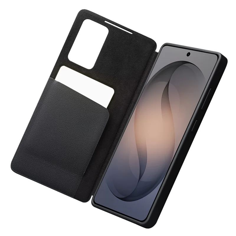 QIALINO For Samsung Galaxy S26+ Case View Window Genuine Cow Leather Flip Phone Cover (APP Version) - Black