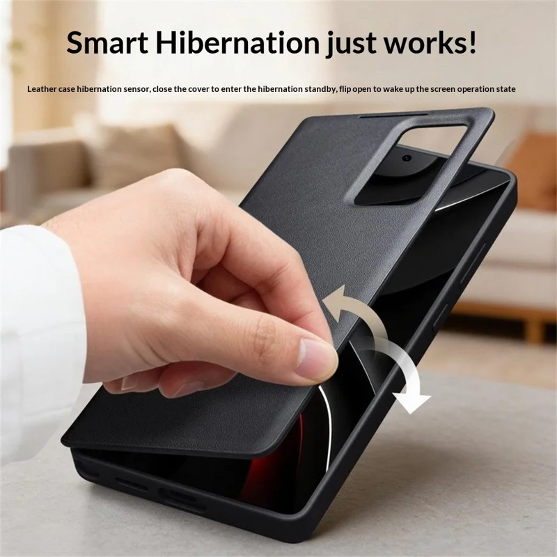 QIALINO For Samsung Galaxy S26+ Case View Window Genuine Cow Leather Flip Phone Cover (APP Version) - Black
