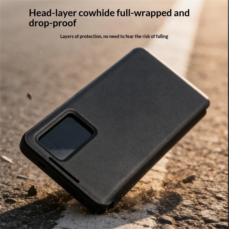 QIALINO For Samsung Galaxy S26+ Case View Window Genuine Cow Leather Flip Phone Cover (APP Version) - Black