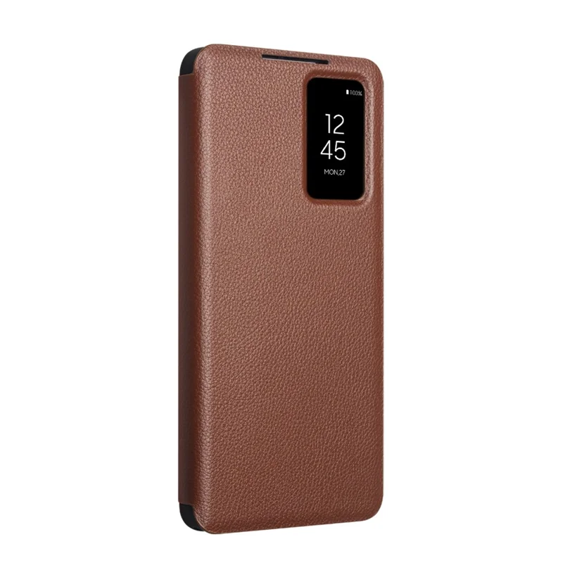 QIALINO For Samsung Galaxy S26 Case View Window Genuine Cow Leather Flip Phone Cover (APP Version) - Brown