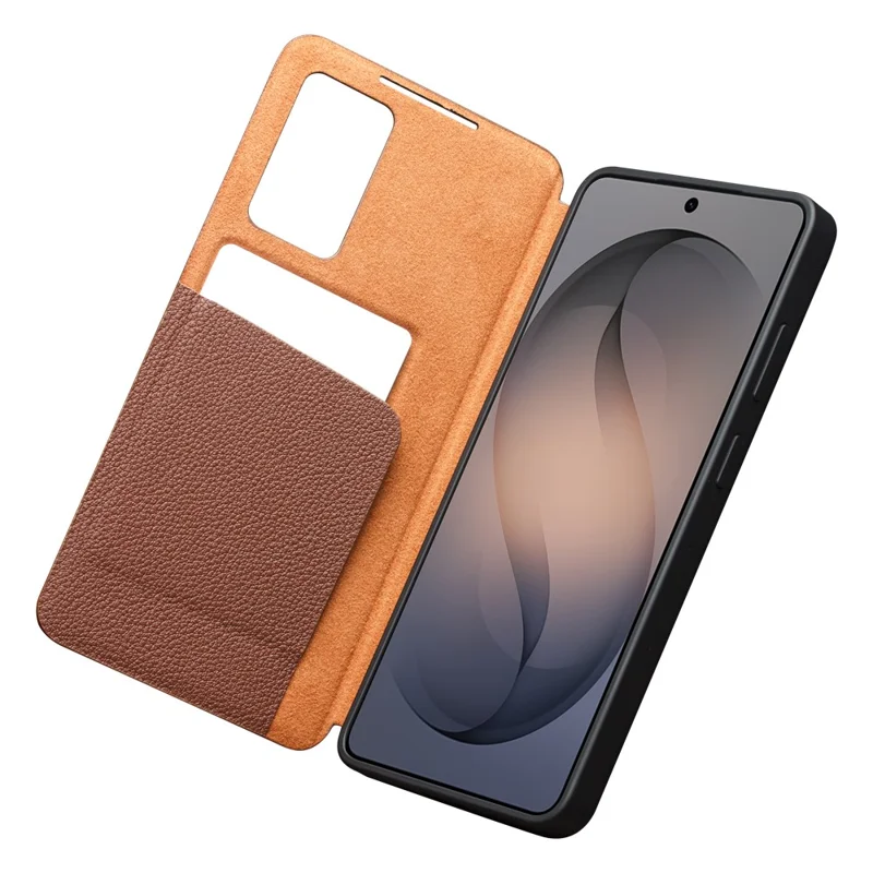 QIALINO For Samsung Galaxy S26 Case View Window Genuine Cow Leather Flip Phone Cover (APP Version) - Brown