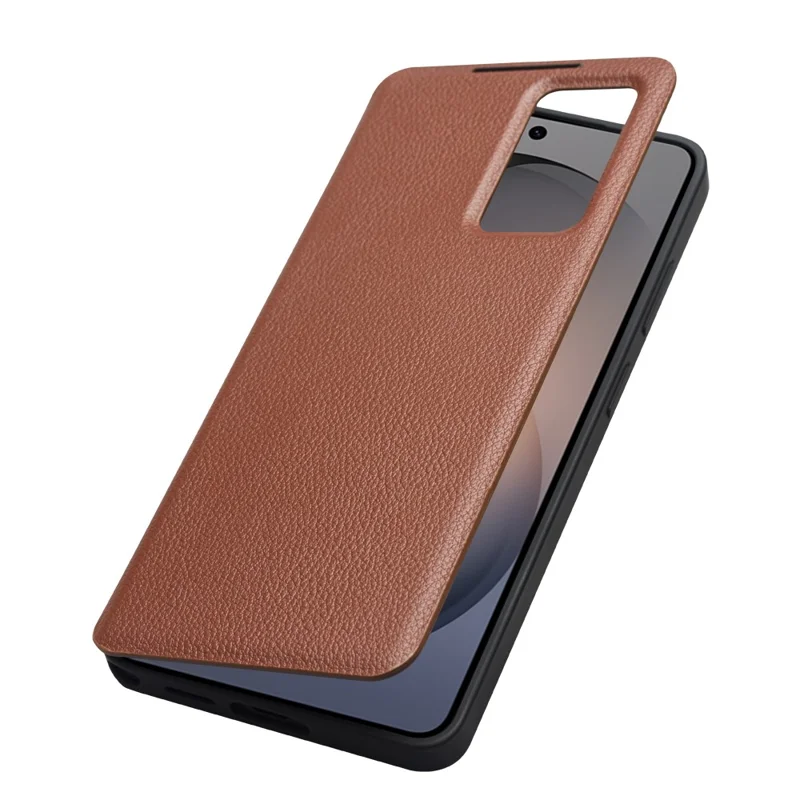 QIALINO For Samsung Galaxy S26 Case View Window Genuine Cow Leather Flip Phone Cover (APP Version) - Brown