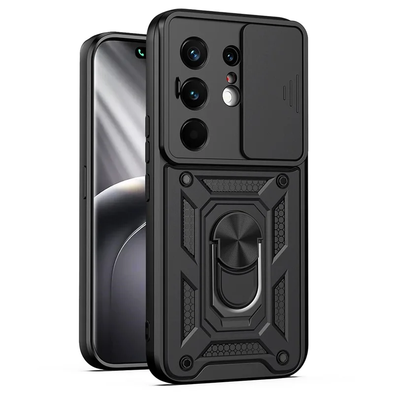 For TECNO Camon 50 Pro 4G Case with Slide Camera Lid PC + TPU Kickstand Phone Cover - Black