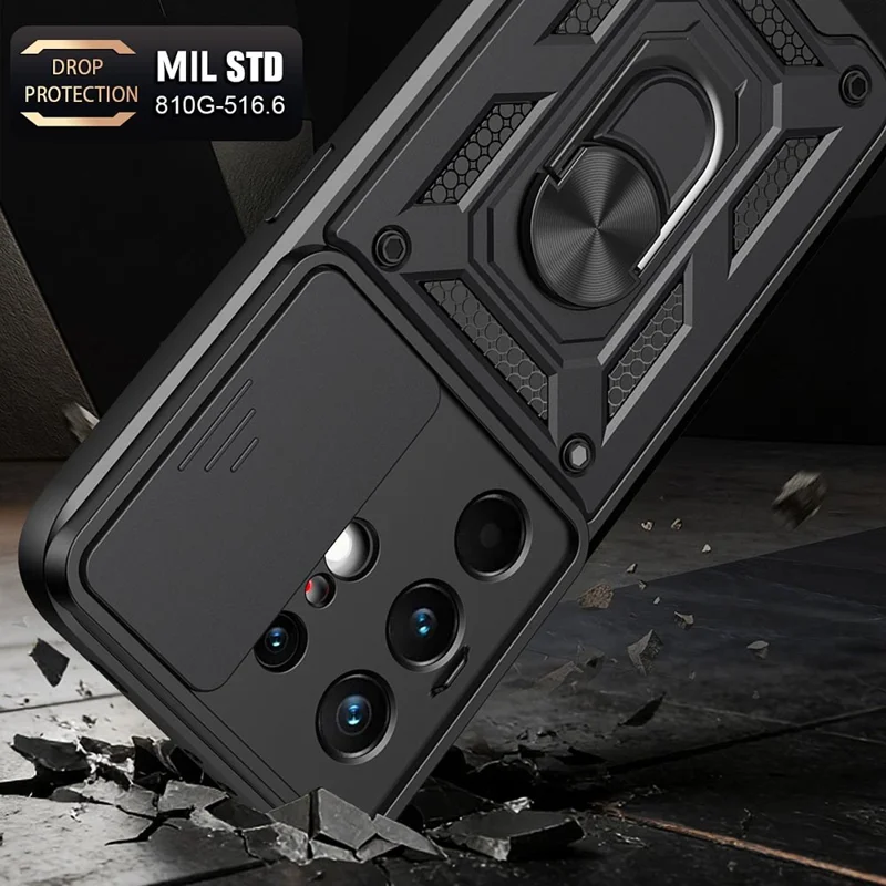 For TECNO Camon 50 Pro 4G Case with Slide Camera Lid PC + TPU Kickstand Phone Cover - Black