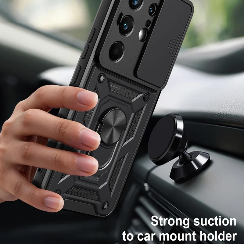 For TECNO Camon 50 Pro 4G Case with Slide Camera Lid PC + TPU Kickstand Phone Cover - Black