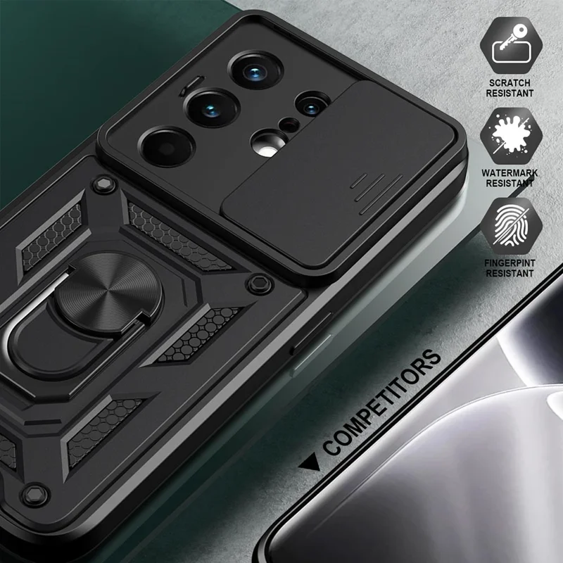 For TECNO Camon 50 Pro 4G Case with Slide Camera Lid PC + TPU Kickstand Phone Cover - Black