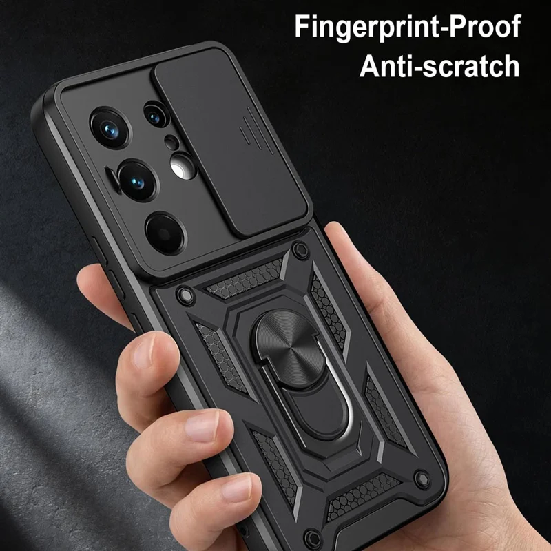 For TECNO Camon 50 Pro 4G Case with Slide Camera Lid PC + TPU Kickstand Phone Cover - Black