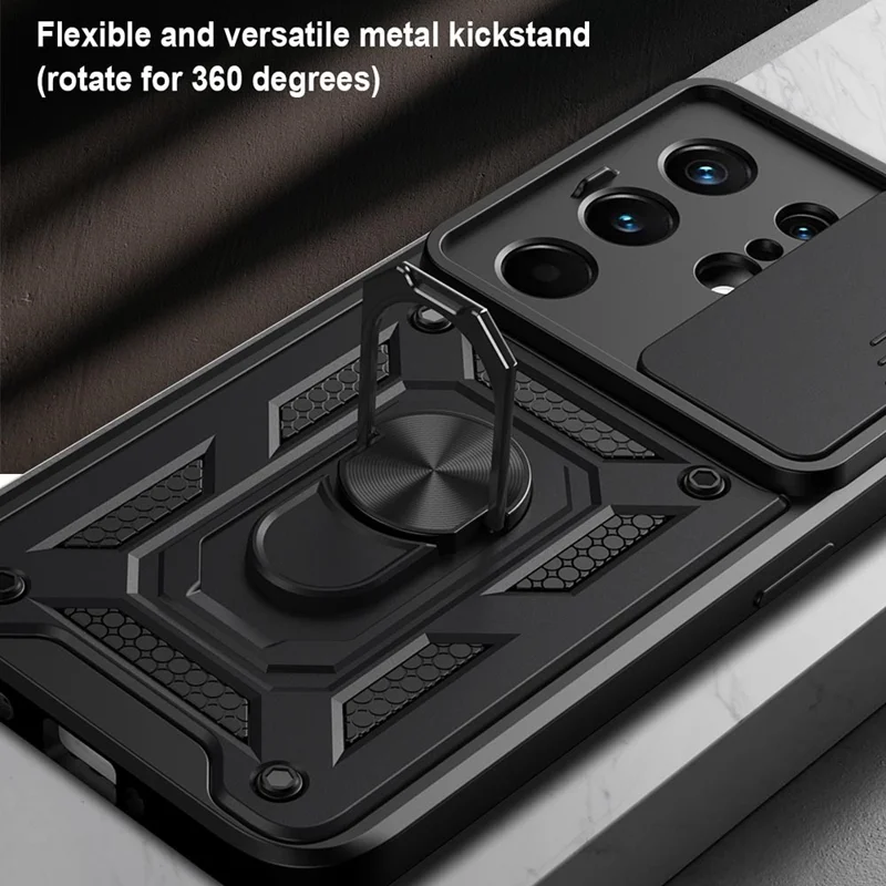 For TECNO Camon 50 Pro 4G Case with Slide Camera Lid PC + TPU Kickstand Phone Cover - Black