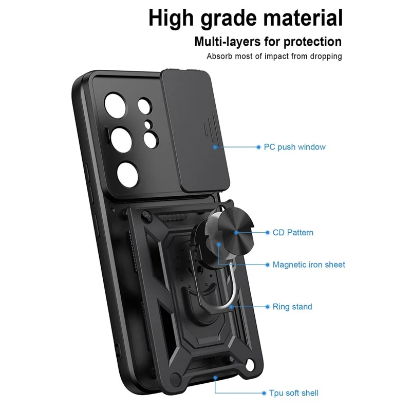 For TECNO Camon 50 Pro 4G Case with Slide Camera Lid PC + TPU Kickstand Phone Cover - Black