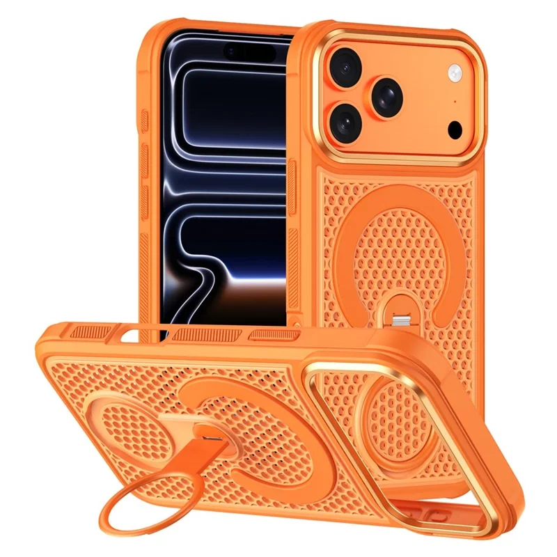 For iPhone 17 Pro Max Magnetic Case with 360° Rotating Ring Kickstand Heat Dissipation Honeycomb PC TPU Cover Compatible with Magsafe - Orange