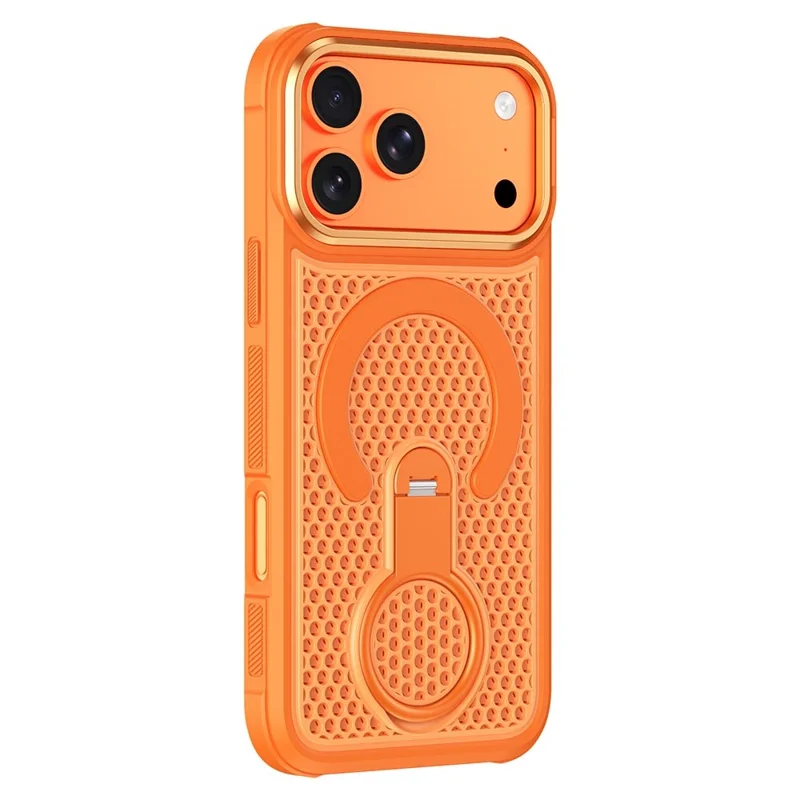 For iPhone 17 Pro Max Magnetic Case with 360° Rotating Ring Kickstand Heat Dissipation Honeycomb PC TPU Cover Compatible with Magsafe - Orange