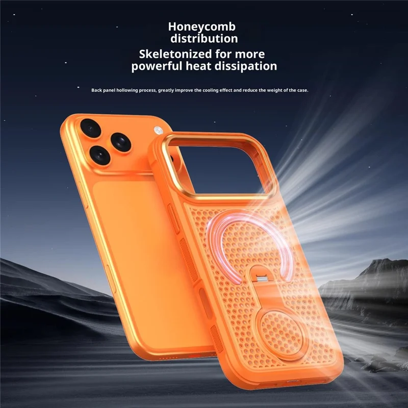 For iPhone 17 Pro Max Magnetic Case with 360° Rotating Ring Kickstand Heat Dissipation Honeycomb PC TPU Cover Compatible with Magsafe - Orange